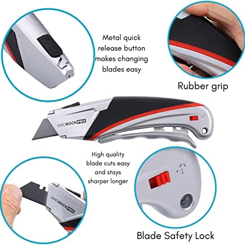 Birdrock Home 1PK Професионален нож за безбедност - Повторува - секач за тешки кутии - Безбедно заклучување на сечилото - Дополнителни