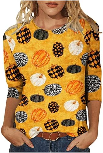 Девојки памук екипаж графички одмор Ноќта на вештерките обична лабава лабава маичка со блуза есен лето 3/4 ракав за дами