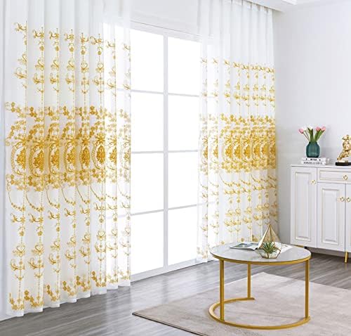 Декоративна Завеса даесар За Дневна Соба 2 Панели, Проѕирни Завеси Во Спалната Соба Завеси За Дупки Лен Жолти Везови Гроздобер Цвеќиња Завеси