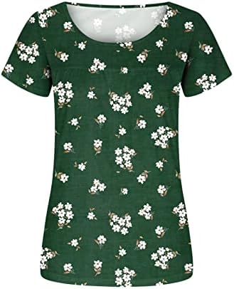 Womenените модни преклопени плетени врвни печатени обични кружни врат кратки ракави лабави маица блузи врвови