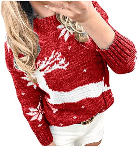 Женски џемпери Божиќен џемпер облечен обичен есенски моден мода со долги ракави екипаж, плетен скокач на врвови на скокач