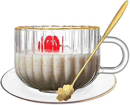 Cavzcbty Чиста Стаклени Чаши Чај Чаша Со Лажица И Чинија, 15 Мл Тиква Чаша Злато Работ Житни Појадок Чаша За Кафе, Млеко, Чај
