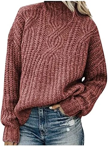 Женски џемпери за пулвер со висока врата цврста боја тесто плетење со долг ракав џемпер за џемпери слатки џемпери