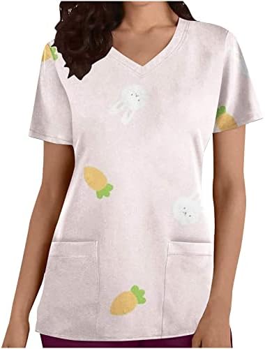 Women'sенски врвови модни кратки ракави чистач V-врат-врвови за тренингот маица Велигденски печатење маици со џебови блузи туники