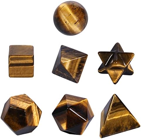 Mookaitedecor 7 парчиња тигарски кристални платонски цврсти материи свети геометрија сет, полирани разгалени камења со комплет за starвезди на Меркаба за заздравување и ме