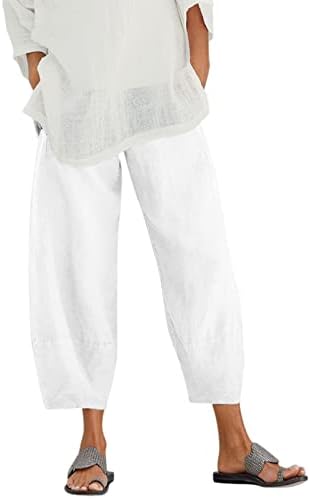 Pantsенски памучни постелнини капри панталони, обична удобност широка нога палацо јога каприс летни трендовски буги панталони со џебови
