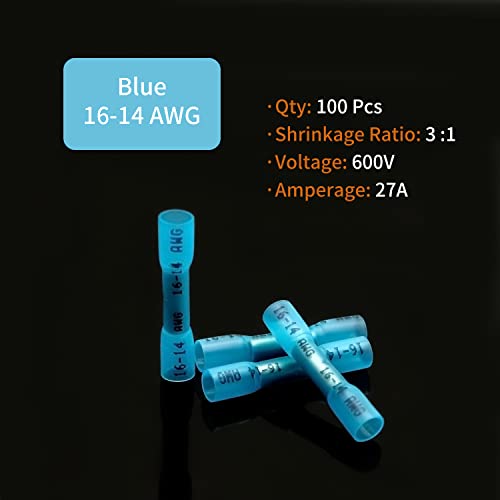 16-14 AWG конектори за затегнување на топлината - 100 парчиња сина изолирана водоотпорна електрична морска автомобилска жица за приклучување