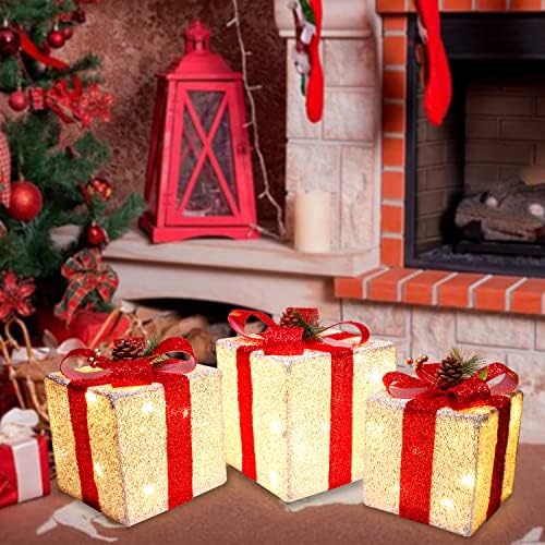 Божиќни осветлени кутии со есто, сет од 3 осветлени кутии за подароци со црвени лакови за Божиќни украси во затворен простор на отворено