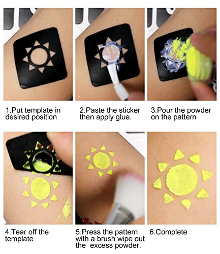 Привремен Сјај Тетоважа Комплет За Деца, 26 Тело Сјај, 2 Сјај Лепак, 6 Листови Тетоважи Матрица, 5 Парчиња Шминка Четка, 6 Флуоресцентни