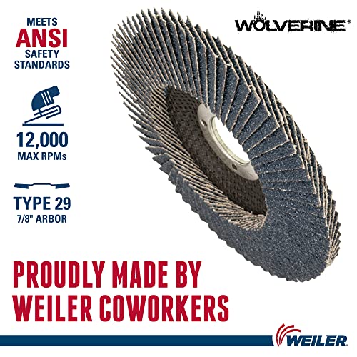 Weiler 31355 Wolverine 5 x 7/8 Arbor Doad Abrasivel Flap Disc, 36 Grit Zirconia Alumina, Bevel Type 29, FeNolic Hearly, стандардна густина, направена во САД,