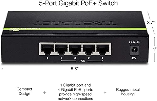 Trendnet 5-порта Gigabit POE+ Switch, 31 W POE буџет, 10 Gbps Capital Capital, Data & Power преку Ethernet до POE Paster Points