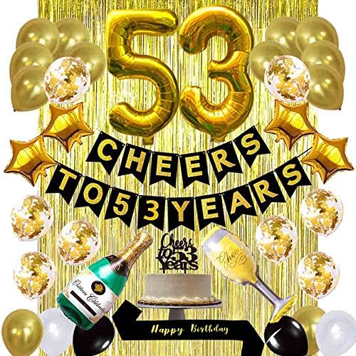Злато 53-Ти Роденден Украси Комплет, Навива За 53 Години Банер Балони 53-Та Торта Топер Роденден Појас Злато Ламба Фолија Раб Завеси за 53