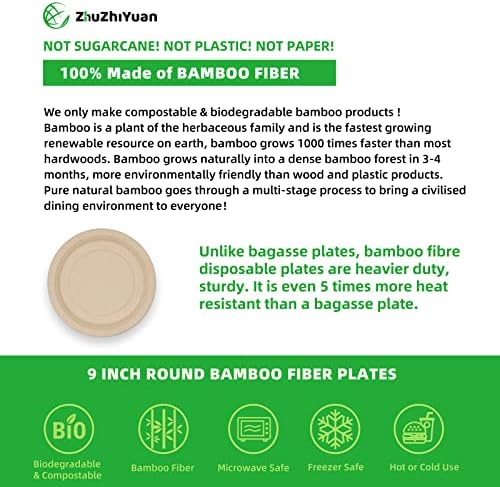 Плочи за еднократна употреба за компостибилни парчиња Zhuzhiyuan, [100 пакет] 9 инчи бамбусо влакна за еднократна употреба партии | Тешки