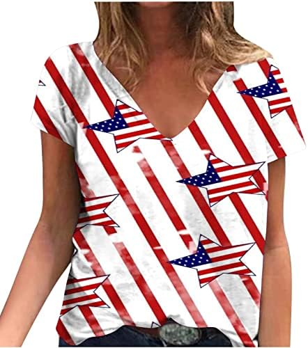 Womenенски 4 -ти јули starsвезди на маица со врвови на знамето на знамето Ден на независноста лето V вратот Краток ракав Патриотска блуза