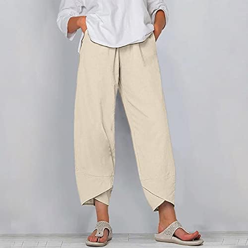 Mackneog со висока половината цврста удобна харем панталони широка нога каприс летни постелнина дами каприс обичен високо половината