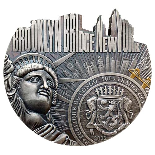 2022 Де Светски Познати Мостови Мостот Пауеркоин Бруклин Во Облик На 5 Мл Сребрена Монета 5000 Франци Конго 2022 Античка Завршница