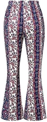 Панталони за печатење на печатење Fomoyuu Boho за жени со високи половини, панталони со дното на bellвончето, плус големина 70 -ти хипи панталони јога хеланки