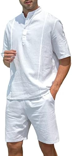 BQDCQB мажи 2 парчиња постелнина поставена кратка ракав Хипи Хенли кошула со шорцеви за половината на половината летни обични