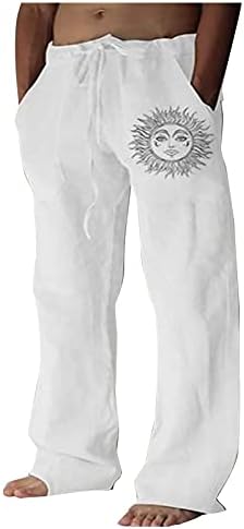 Памучни постелнина панталони со панталони со летни летни лабава јога џогар еластична половината за влечење на панталони со џеб