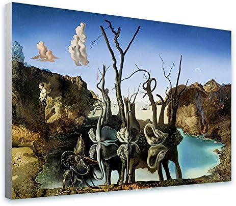 АЛОНЛИНСКИ АРТ - Лебеди што ги рефлектираат слоновите од Салвадор Дали | Рамка за истегнување на платно на подготвена рамка за виси - памук - завиткана галерија | 41 x27