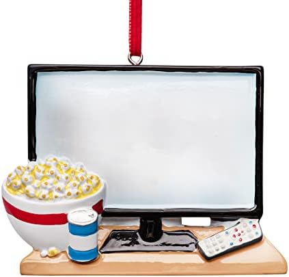 Uniqxmas Персонализиран телевизиски Божиќен украс 2023 | Голем ТВ -екран со пуканки и пиво за Xmas Tree - Binge Watcher TV Junkie Movie Night