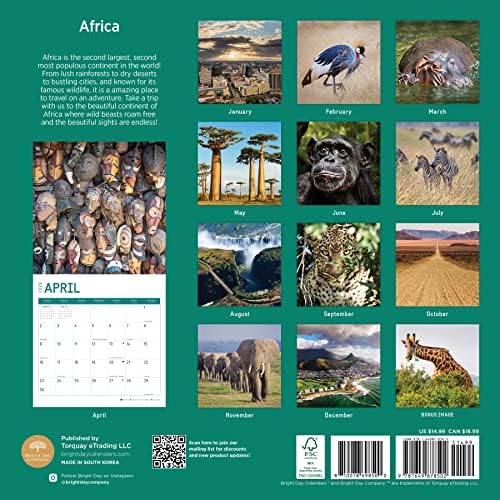 2023 Африка Месечен Ѕиден Календар По Светлиот Ден, Календари За Кауза, 12 х 12 Инчи, Убава Фотографија На Диви Животни На Отворено