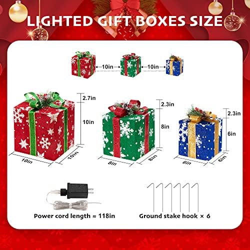 Божиќни осветлени кутии за подароци сет од 3, преклопени осветлувања на Божиќни украси со 60 LED светла, приклучување на украси
