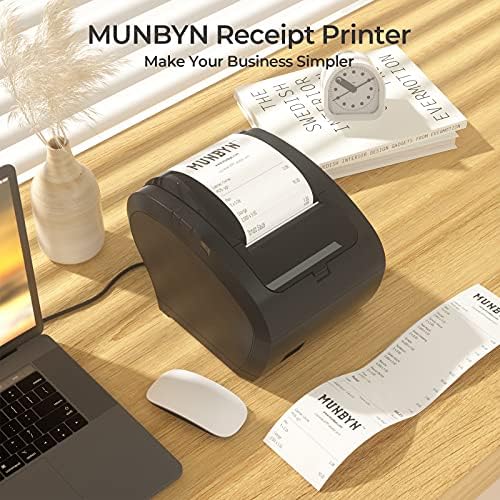 Munbyn POS печатач, печатач за прием USB Ethernet 80mm Термички печатач P047 и термичка хартија 3 1/8 x 230ft, 10 ролни за прием