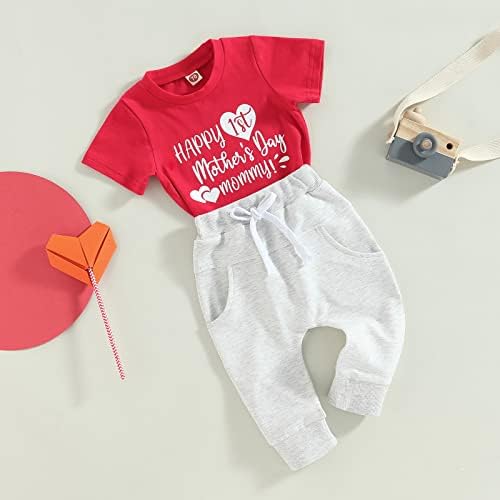 Детето бебе момче Денот на мајката облека со кратки ракави, печати маица врвови џогерски панталони западна летна облека