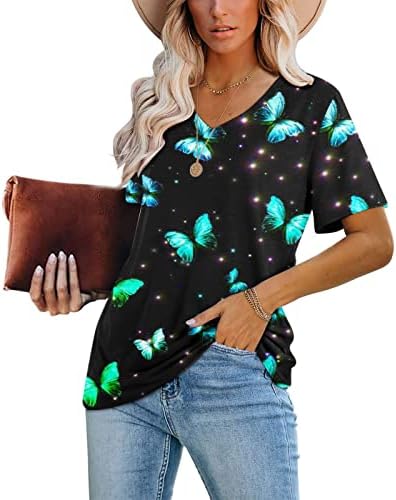 Западен етнички цветни печати летни врвови за жени 2023 Обични лабави основни врвни кошули со кратки ракави, блуза со вратот