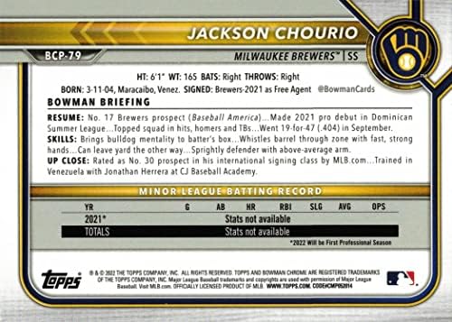 2022 Bowman Chrome изгледи Mega Box Mojo Refractor Baseball BCP-79 Jackson Chourio Pre-Rookie картичка-1-та Bowman Chrome Card