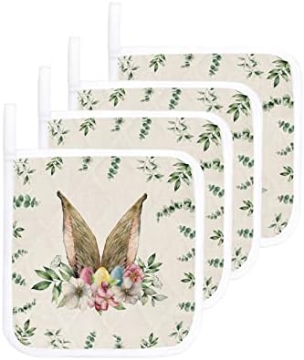 Пролет Велигденски зајаче 4 држачи за тенџере со пакувања топли изолација топли влошки, слатки зајаци уши зелени бохо лисја за миење садови за