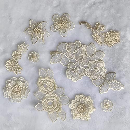Qililandiy 10 парчиња беж мешан стил вез од чипка цветни закрпи за занаетчиство за шиење за декорација, шијте на закрпи за поправка и украсување