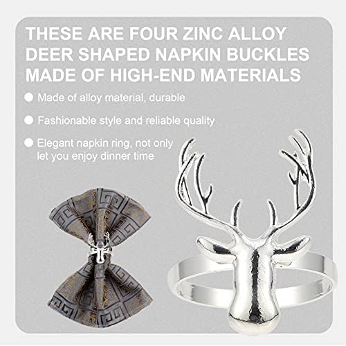 Божиќни салфетки прстени Сервиетски прстени: 4 парчиња сребрени елени глави салфетки за декор на маса за забава