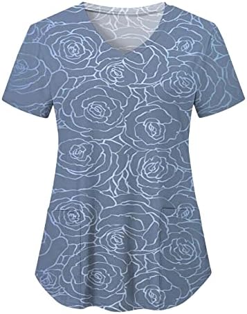 Чистење врвови жени, цветни графички печатени кратки ракави со маица за работна облека V-вратот плус големина на женски врвови врвови