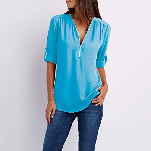 Преголема маица за жени Zipper V вратот Туника Туника се тркалаат со долги ракави блузи, заоблени летни кошули