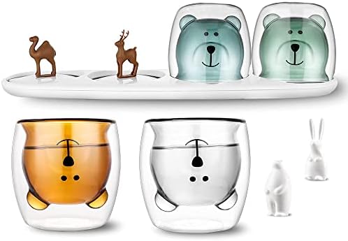 通用 4 парчиња слатки чаши од мечка и плоча за сушење со сад за одвод, 4 чаши за бои двојни слоеви стаклени чаши, организатор за сушење