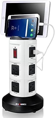 Спин моќност Делукс од Bell+Howell Power Strip Tower With Station Protector Electric Charging Station USB Extender Extender Power