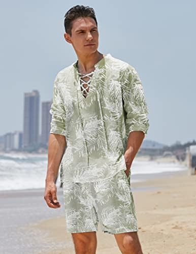 Coofandy Men 2 парчиња памучна постелнина поставена облека за плажа летна хипи кошула и краток сет ренесансен чипка на Хенли костум