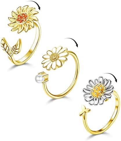 Hanpabum 3pcs Daisy Flower Fidget Spinner Ring For Women Sunflower Spinner Ring за вознемиреност Отворени прилагодливи прстени за олеснување на