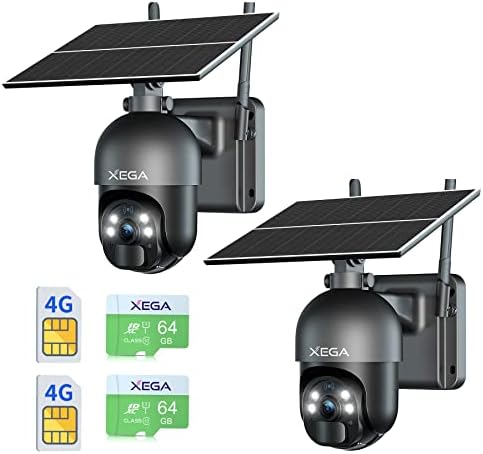 CHEGA 4G LTE Cellular Security Camera [2 пакет] Неизвесен соларна камера на отворено, 2K HD боја на ноќта во боја PTZ 360 ° View, 64 GB Мемориска