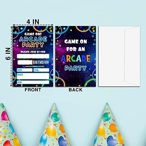 Аркадни картички за покани за роденденска забава, Детска аркада Покана за роденден, двострана неонски неонски сјај Пополнете