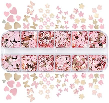 12 решетки срцев нокти уметнички сјајни секвенци 3Д розови, златни холографски пеперутки Loveубов цветна зајаче сјајни секвенци дизајн