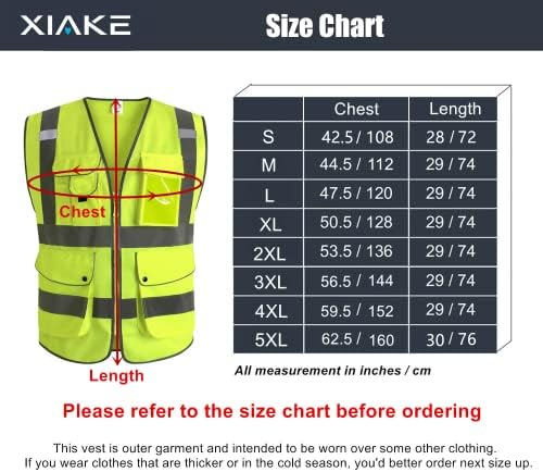 Xiake класа 2 со голема видливост рефлексивни безбедносни елеци со 8 џебови и патент пред, ги исполнува стандардите ANSI/ISEA