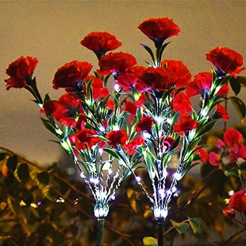 Црвен цвет соларни градинарски светла на отворено украси, 2 пакети мама роденденски подароци, цвеќиња од каранфил соларна моќност предводени