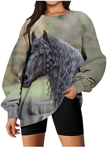 Гроздобер западна етничка маичка за жени 3Д коњски графички обични екипи на вратот на вратот со долги ракави преголеми врвови на пулвер