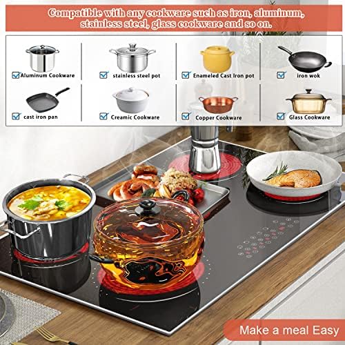Hobsir 30 инчи Електричен готвач 5 Burners Ceramic Cooktop, 8400W Electric-in Electric-in Radiant Cooktop со метална рамка за заштита од стакло,