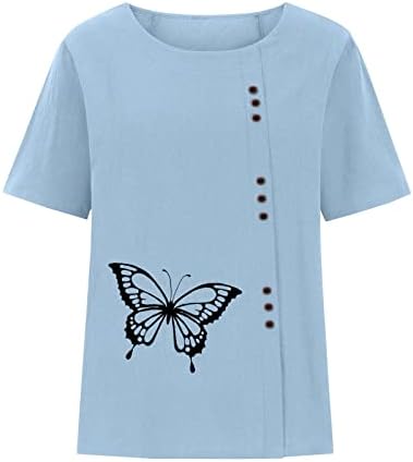Женски летни постелнини Туника врвови, обични кошули со кратки ракави, блуза, пеперутка, памучна постелнина, маички за гроздобер