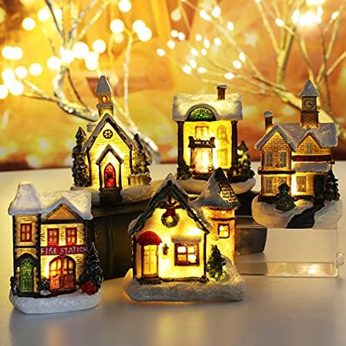 Осалди статуа декор 4 парчиња Божиќна светлечка куќа предводена од светло село село DIY смола вила модел што виси украси за Божиќно дрво