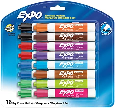 Експо со низок мирис на суво бришење маркери, врвот на длето, разновидни бои, 16 пакувања и маркери за суво бришење на миризби, врвот на